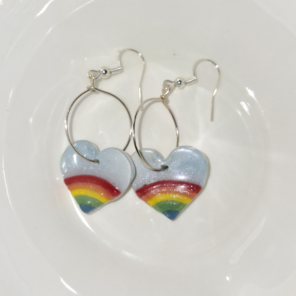 Handcrafted Rainbow Heart Drop Earrings - Light Blue